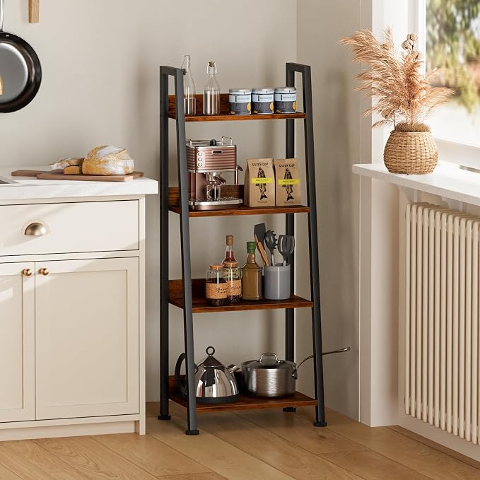 Furologee 4-Tier Ladder Shelf, Ladder Bookshelf with Removable Drawer, Rustic Bookcase Storage Rack Organizer, Wood Metal Freestanding Storage Shelves for Living Room, Home Office, Bedroom, Kitchen