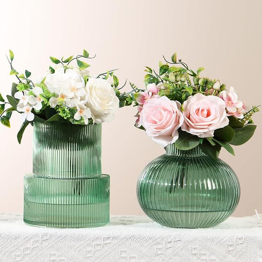 Ribbed Glass Vases, Set of 2 Fluted Vases for Flowers, Green Glass Vase for Tulips, Modern Vase for Living Room, Kitchen, Office, Entryway, Mantle, Bookshelf, Wedding Gifts, Birthday