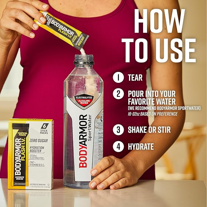 BODYARMOR Flash IV Electrolyte Packets, Tropical Punch - Zero Sugar Drink Mix, Single Serve Packs, Coconut Water Powder (6 Count)