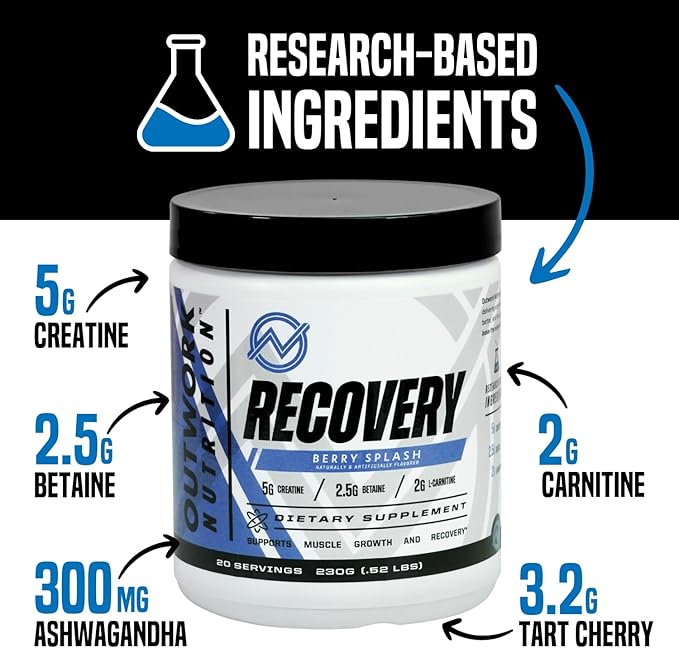 Outwork Nutrition Post Workout Recovery Powder - Creatine Monohydrate, KSM-66 Ashwagandha & Tart Cherry - Speeds Recovery, Eases Soreness - Creatine Powder for Men & Women, Berry Splash, 240 Gr