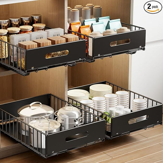 Mustorn 2 Pack Pull Out Cabinet Organizer, Slide Out Drawers for Cabinets, Peel and Stick, Heavy Duty Shelves for Kitchen, Cupboard, Pantry, Bathroom (16.5"D*11.8"W*3.94"H-Black)