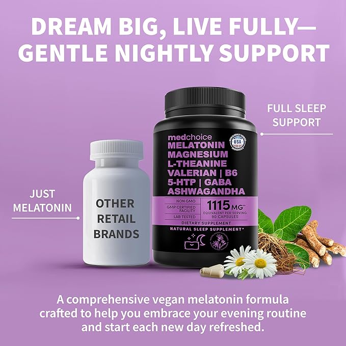 12-in-1 Melatonin Sleep Capsules - Natural Sleep Aids for Adults with Melatonin 5mg and Magnesium Glycinate 500mg, Sleep Aid with Ashwagandha, L Theanine, Valerian Root, GABA, 5-HTP (90ct, Pack of 3)