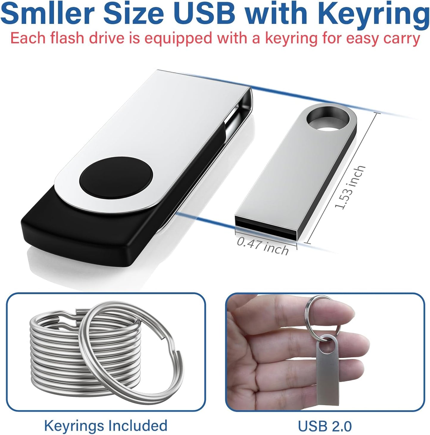 Wooolken 16GB 2 Pack 2.0 USB Flash Drive with Keychains, Sleek Metal USB Thumb Drives Memory Stick for PC Laptop