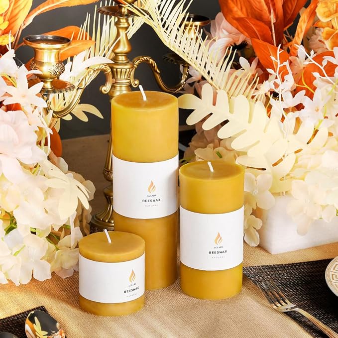 3"x 9" Large Beeswax Pillar Candle, Made of Pure Natural Beeswax, with Ultra Long Burning Time and Low Allergenicity-Raw,124H