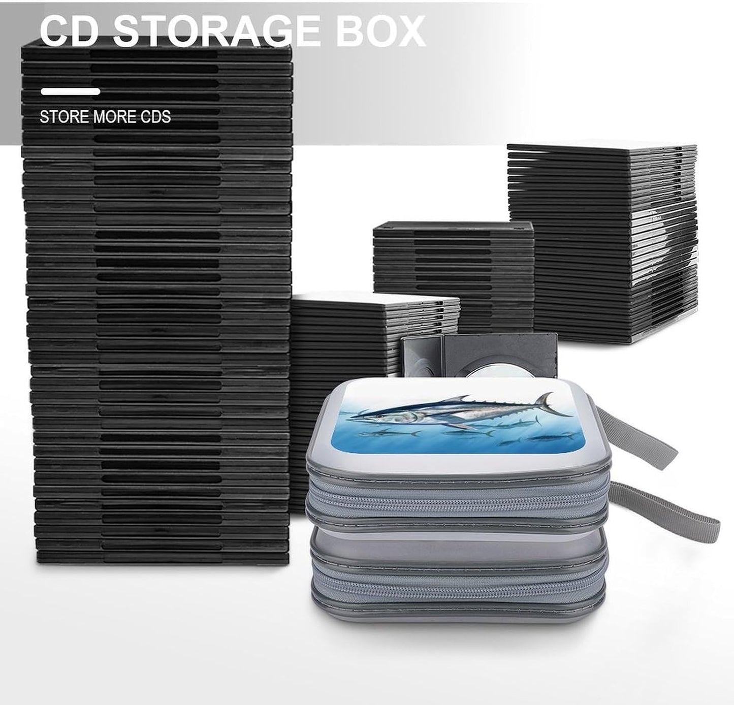 LZQPOEAS 40-Disc Bluefin Tuna Thunnus Capacity Cd Storage Wallet With Handle, Protective Travel Case For Dvds