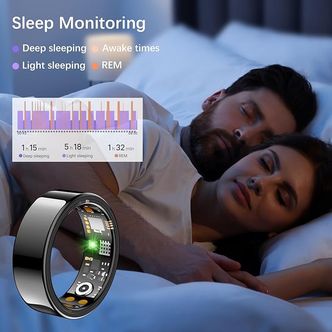 Smart Health Ring for Women Men, Fitness Tracker Ring with Heart Rate, Blood Oxygen, Sleep Tracker, Step Tracker, No Subscription Fee, IP68 Waterproof Smart Ring for iPhone & Android (Black, 6#)