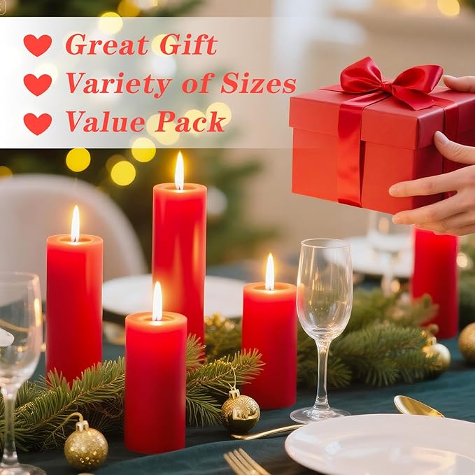 18 Pcs Red Pillar Candles Bulk Set，Hurricane Candlesï¼? Different Lengths (6 Each)，Dripless Unscented Smokeless，Gives You a Better Atmosphere When Organizing Wedding or Event Party.