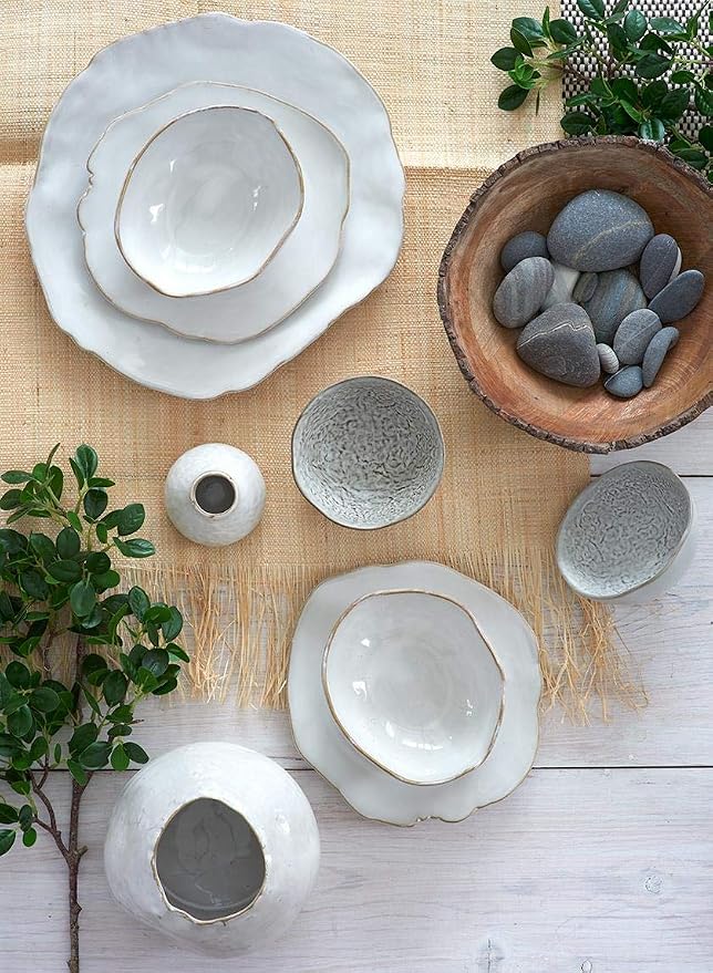 Serene Spaces Living Set of 2 Large Free-Form Edge Glazed Ceramic Plate- Dinnerware for Vintage Weddings, Events, Measures 12" Diameter and 1.5" Tall
