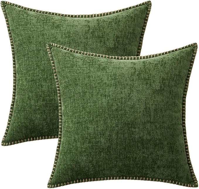 MIULEE Pack of 2 Couch Pillow Covers 20x20 Inch Moss Green Farmhouse Decorative Throw Pillow Covers with Stitched Edge Soft Chenille Solid Dyed Pillow Covers for Sofa Bed Living Room, Forest Green