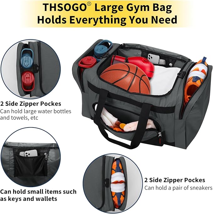 22 inch Gym Bag for Men - 55L Large Travel Duffle Bag Sports Equipment Bag with Multiple Zippered Pockets,Outdoor Workout Duffle Bag for Overnight Weekend - Dark Grey