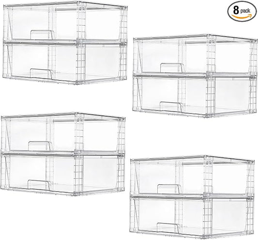 Vtopmart 8 Pack Stackable Storage Bins,Easily Assemble Clear Acrylic Bathroom Undersink Organizers,Plastic Storage Box for Kitchen Pantry,Medicine Organization