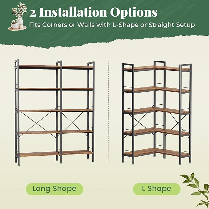 Huuger 5 Tier Bookshelf, L Shaped Corner Bookshelf with 10 Open Shelves, 49.4 Inch Straight Wide Bookcase with Metal Frame and Wooden Board, Adjustable Feet, Rustic Brown