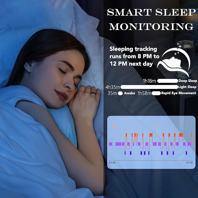 Smart Health Ring for Women Men Fitness Tracker with Heart Rate, Blood Oxygen, Blood Pressure, Sleep Monitoring, Step Counting, IP68 Waterproof for iPhone and Android, No APP Fee, Black 8#