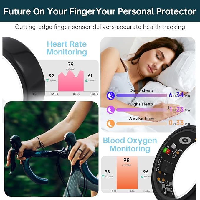 Smart Rings for Women Men,Fitness Tracker Ring,Heart Rate,Blood Oxygen,Blood Pressure,Step Tracker,Sleep Monitoring,No Subscription Fee,IP68 Waterproof Smart Ring for iPhone&Android(Gold 8)