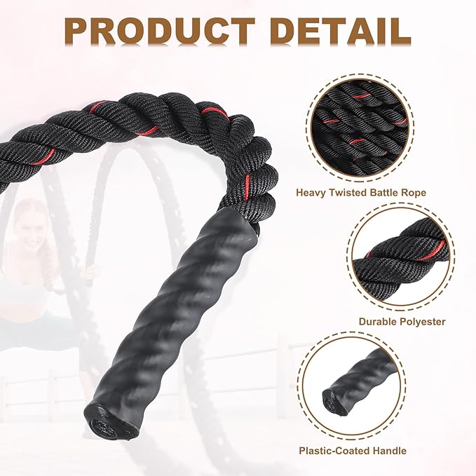 MECCANIXITY Battle Rope 30ft x 1.5 Inch Polyester Workout Rope Heavy Fitness Exercise Rope for Strength Training Home Gym Muscle Building, Black Red