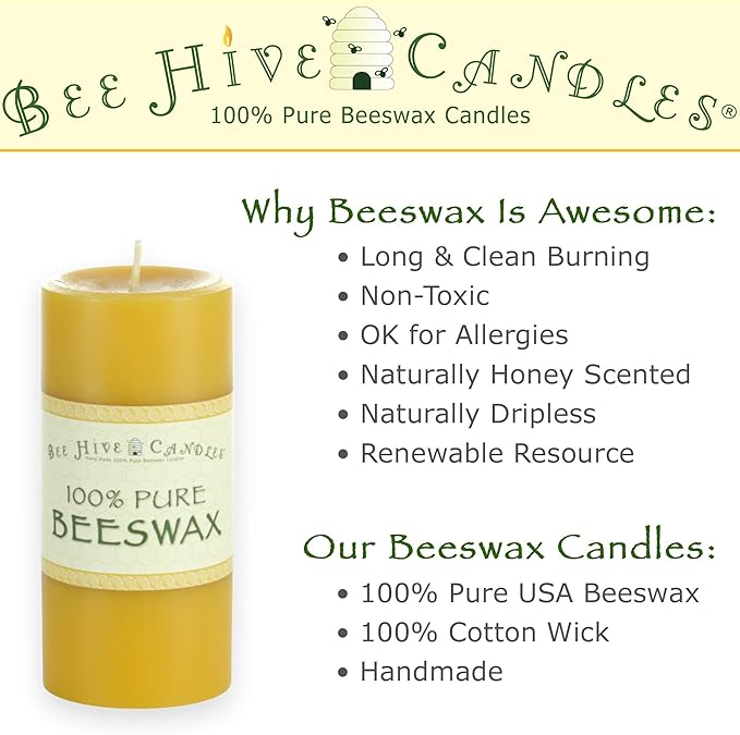 100% Pure Beeswax Pillar Candle (2" x 3" (3-Pack)) | Natural Beeswax Candles | Soy, Paraffin & Fragrance Free | Handmade in The USA