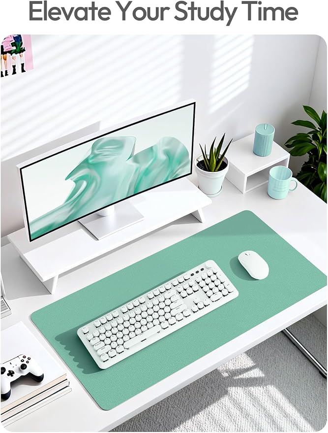 YSAGi Leather Desk Protector, Office Mat, Large Mouse Mat, Non-Slip PU Leather Blotter, Laptop Desk, Waterproof Writing Pad for Office and Home (Green-Blue, 35.4" x 17")