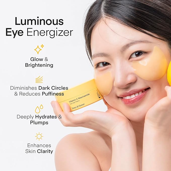 TEREZ & HONOR Vitamin C Eye Patches - 60 Pcs Korean Brightening & Hydrating Under Eye Masks with Tranexamic Acid, Caffeine, Hyaluronic Acid - Dark Circles, Puffiness & Wrinkles Hydrogel Treatment