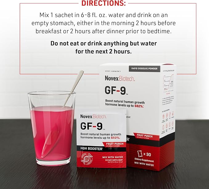Novex Biotech GF-9 Rapid Dissolve Powder - Anti-Aging Supplements for Men, HGH Booster, Support Energy, Endurance, Sleep, Fruit Punch