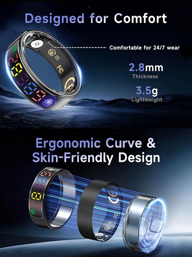 Smart Ring for Women Men, Health Ring with Colorful Display, Fitness Tracker with Heart Rate, Blood Oxygen, Sleep Monitor, No Subscription Fee, 5ATM Waterproof for iPhone & Android (Black, 12)