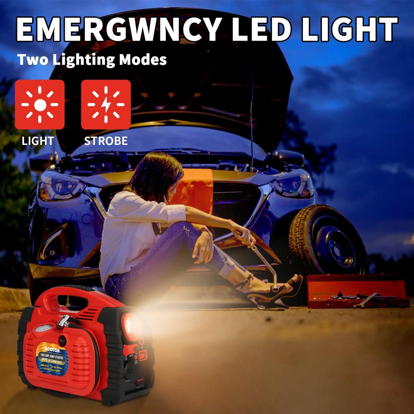 Jump Starter, acetek 1000Amp 12V Lead-Acid Battery Jump Starter with 260 PSI Air Compressor, Jump Box for Up to 5.0L Gas & 5.0L Diesel Engines, Portable Power Station with LED Light