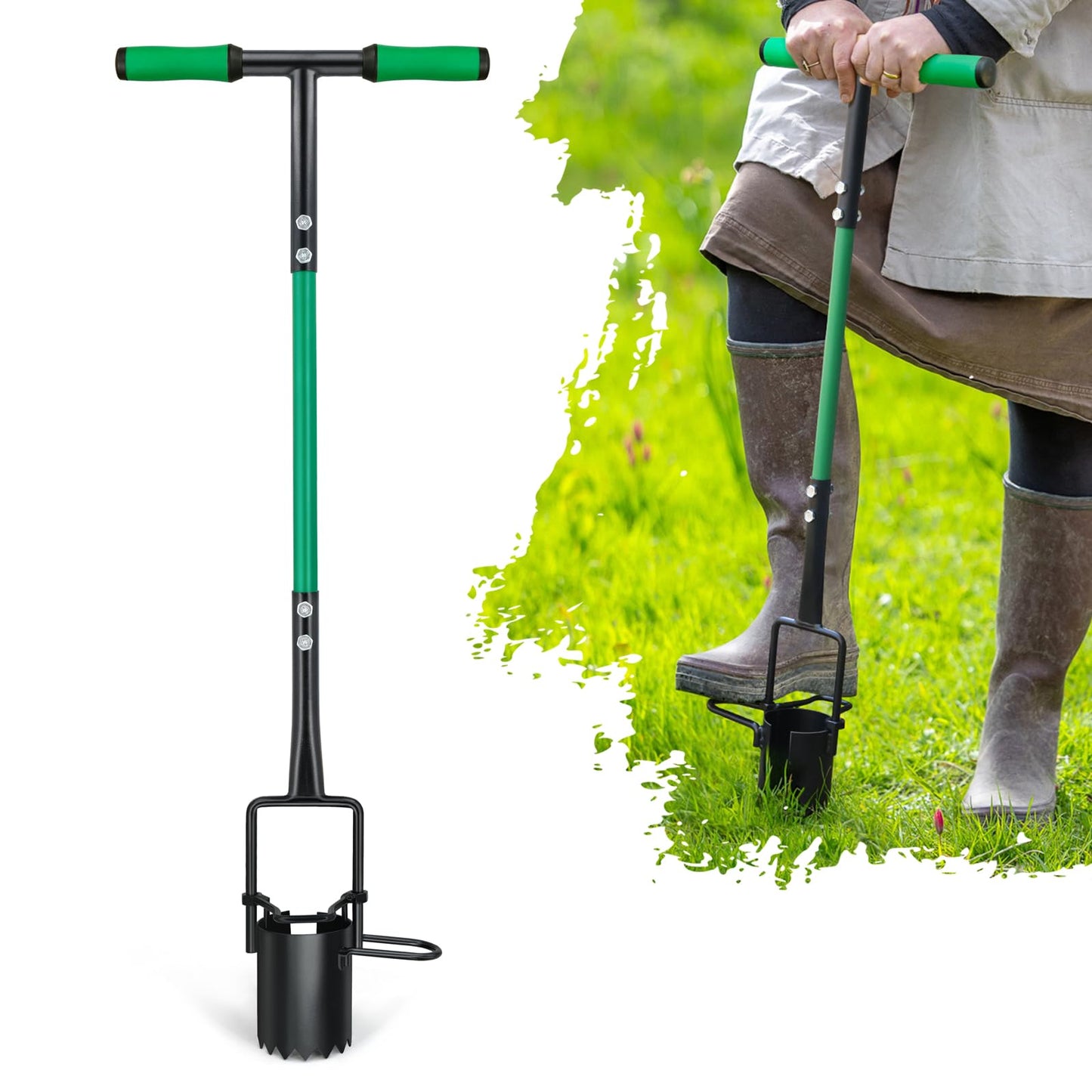 Altdorff Bulb Planter Tool, Sod Plugger with Long Handle Serrated Base, 5-in-1 Lawn Plug Garden Tool for Transplanting, Digging, Grass Plug, Soil Sampler, Planting for Tulips, Iris, Daffodils