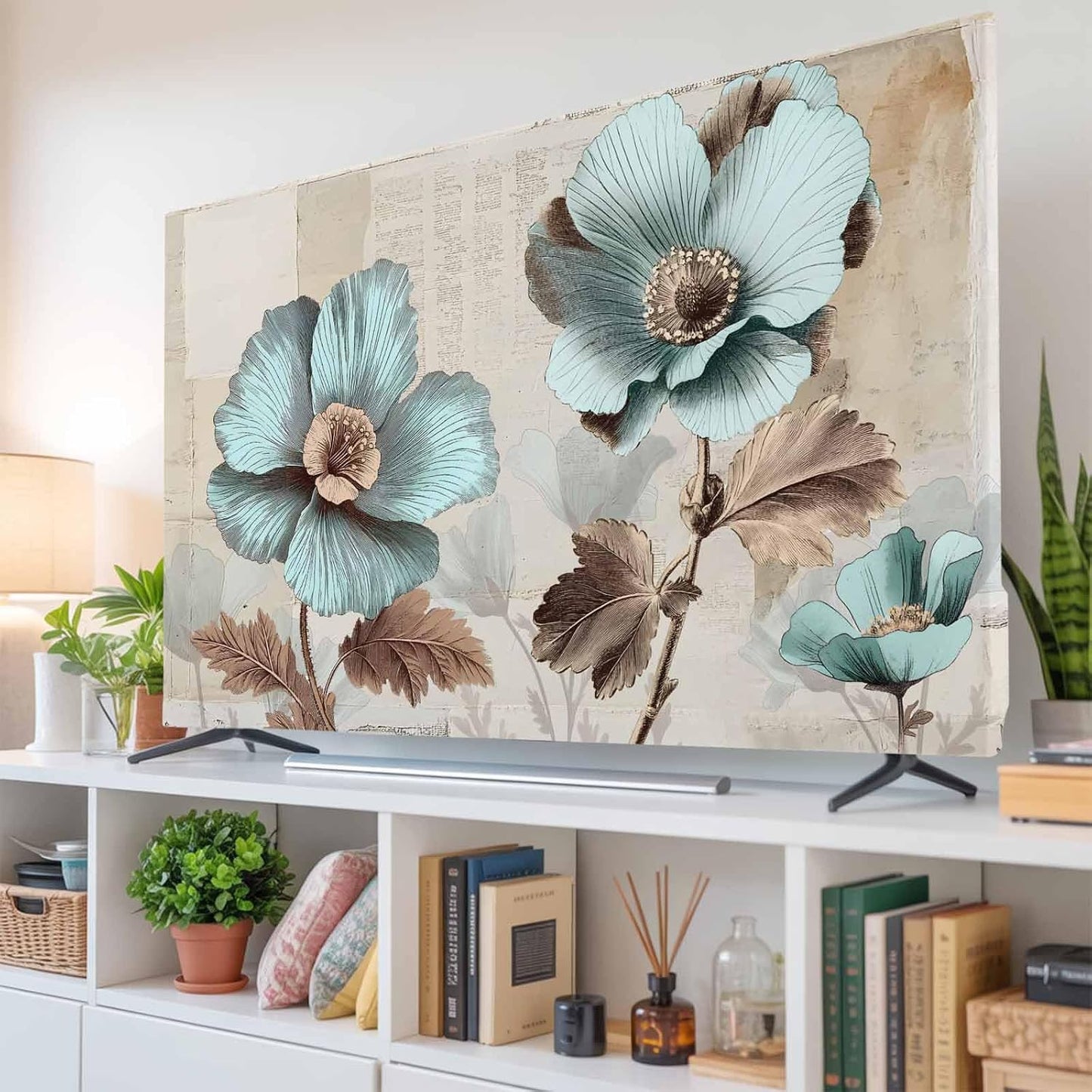 Yukro 65 Inch, 57"x32" Blue Broccoli Indoor TV Dust Cover, Vintage Flowers Victorian Style Elastic TV Dustproof Cover