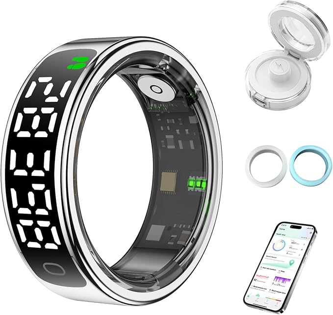 Smart Health Ring for Women Men, Smart Ring Fitness Tracker for iOS Android, Heart Rate, Blood Oxygen, Blood Pressure, Sleep Monitoring,5ATM Waterproof, No Subscription Fee (Silver, 9#)