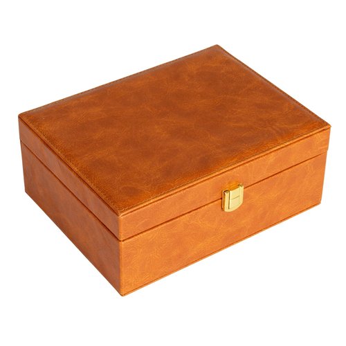 Household Essentials Vegan Leather 2-Layer Jewelry Organizer Box with Clasp Closure, Caramel Color