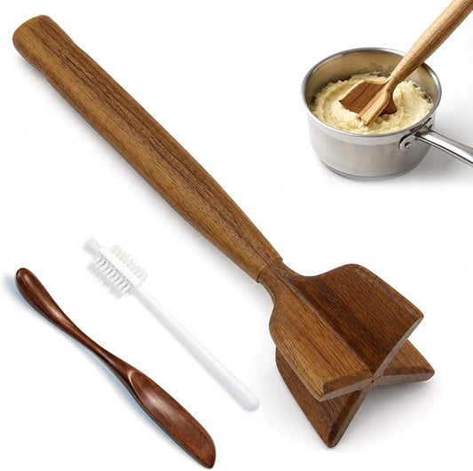 Teak Wooden Meat Chopper 3-Piece Set, Ground Beef Masher,Burger Crusher, Natural Non-Stick Durable Meat Hammer, Includes Wooden Scraper and Cleaning Brush