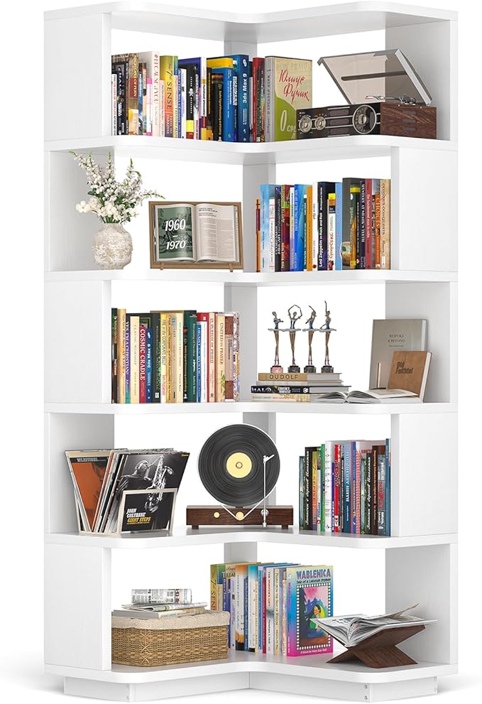 Armocity Corner Book Shelf - 6-Shelf Corner Bookshelf Etagere Bookcase with Baffle, Freestanding L Shaped Display Shelf Stand for Home Office, Living Room, Bedroom, Kitchen, White