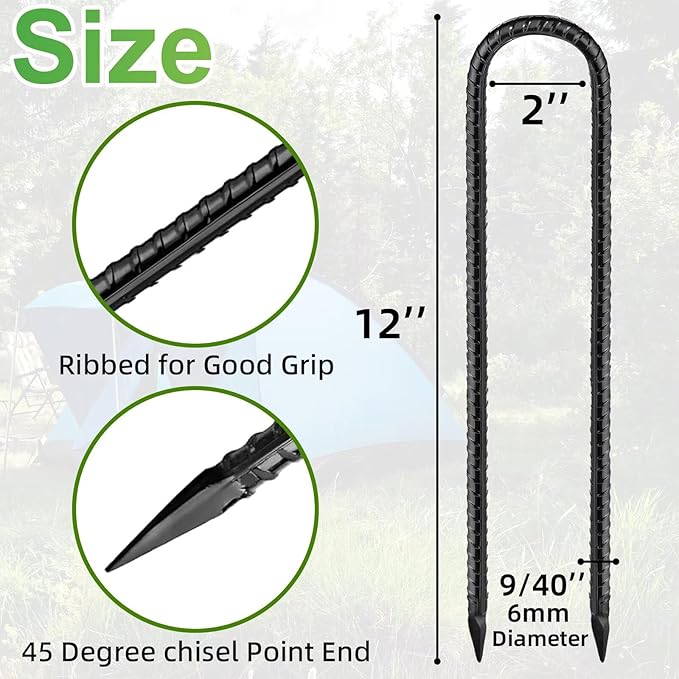 Black Trampoline Stakes Anchors High Wind 12inx6mm Galvanized U Hook 8pcs Rebar Stakes – Heavy Duty Ground Anchors for Trampoline,Yard & Inflatable,Landscape Metal Stakes for Outdoor Decorations