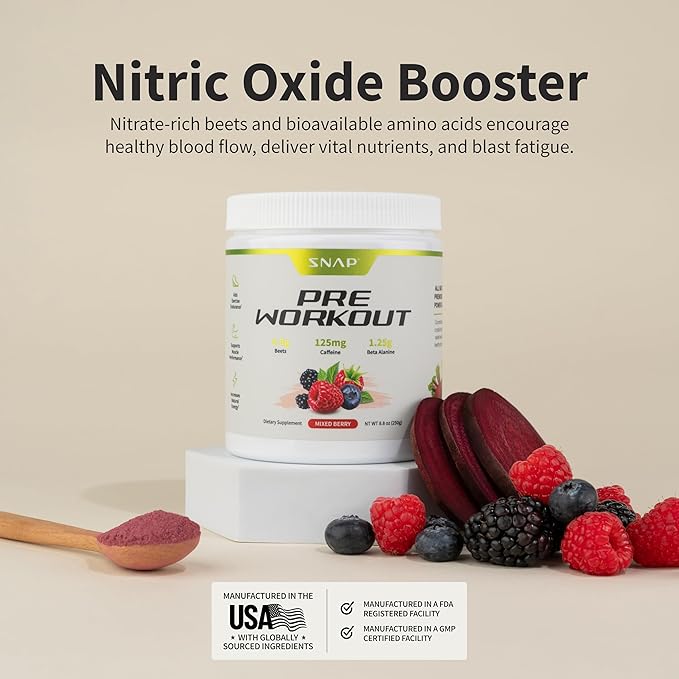 Snap Supplements Pre Workout Beet Root Powder, Nitric Oxide Supplement Preworkout for Men and Women with Organic Beets and B Vitamins, Energy and Heart Health Support, 30 Servings, Mixed Berry