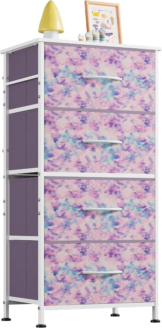 WLIVE Dresser with 4 Drawers, Storage Tower, Organizer Unit, Fabric Dresser for Bedroom, Hallway, Entryway, Closets, Sturdy Steel Frame, Wood Top, Easy Pull Handle, Tie-dye Print (Pink, Purple, Blue)
