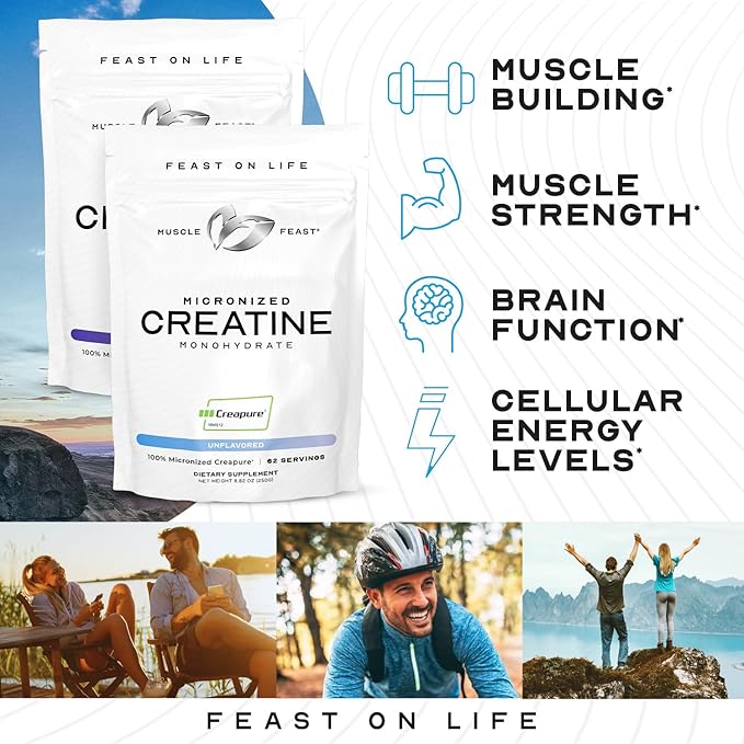 Muscle Feast Creapure - Micronized Creatine Monohydrate Powder | Premium Pre-Workout or Post-Workout | Creatine for Women & Men | Easy to Mix, Gluten-Free, Safe and Pure, (Blue Raspberry, 250g)