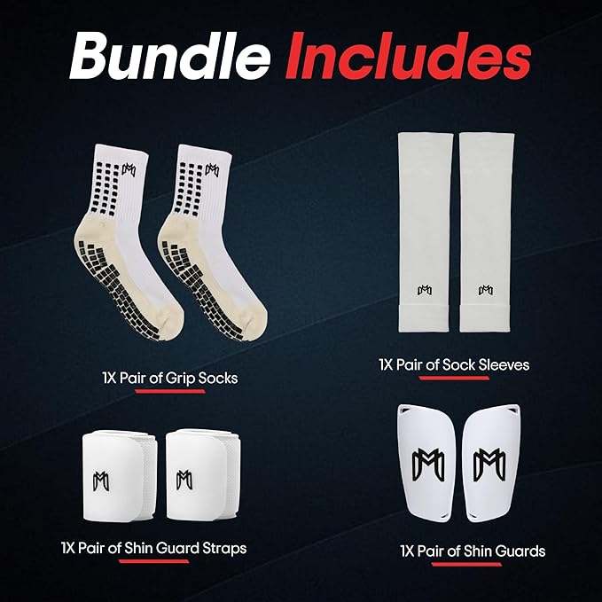 Soccer Grip Socks, Shin Guards, Pre Cut Sock Sleeves, and Guard Straps Bundle Pack - Essential Equipment for Soccer Players - for Mens, Women, Youth, Size 7 to 12 US Men Shoe Size
