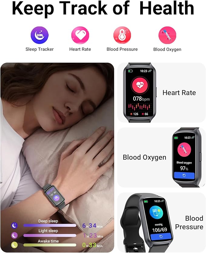 Health Fitness Tracker with 24/7 Heart Rate, Blood Oxygen, Blood Pressure, Sleep Tracker, 5ATM Waterproof Activity Trackers with Step Tracker, Pedometer (S & L Bands Included)