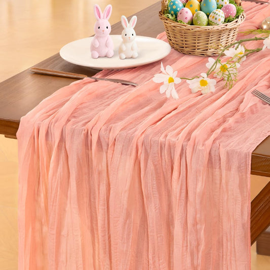 Socomi Cheesecloth Table Runner - Coral Peach Boho Style | 120-Inch for Weddings & Home Decor
