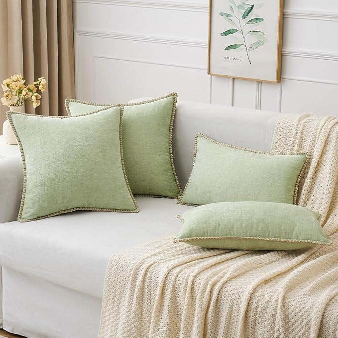 MIULEE Pack of 2 Lumbar Summer Throw Pillow Covers 12x20 Inch Light Green Farmhouse Decorative Pillow Covers with Stitched Edge Soft Chenille Solid Dyed Pillow Covers for Couch Sofa Bed Living Room