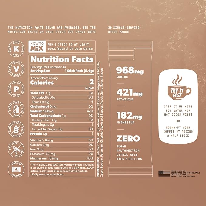 SALTT Electrolytes Powder Packets, Cocoa Variety Pack (30 Packets) - Magnesium, Potassium, Sodium, Trace Minerals - Vegan, Sugar Free, Gluten Free - Travel Essentials - Made in USA