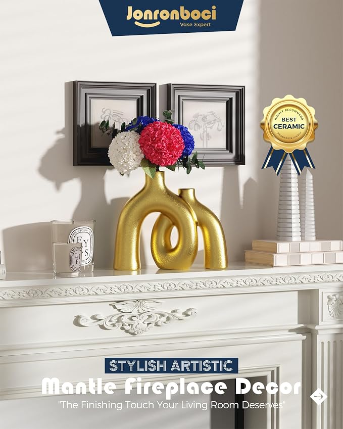 Hug Donut Decorative Vase Set - Golden Modern Classic Transitional Style Vases Home Decor, Matte Ceramic Decorations for Living Room Shelf, Bookshelf Mantle Entryway Table or Console Décor (Gold)