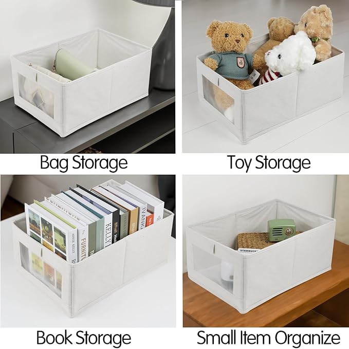 Fordonral 4 Pack Linen Storage Bins, Storage Containers for Organizing Clothing, Jeans, Toys, Books, Shelves, Closet, Wardrobe - Closet Organizers and Storage, Large Storage Boxes Baskets with Window