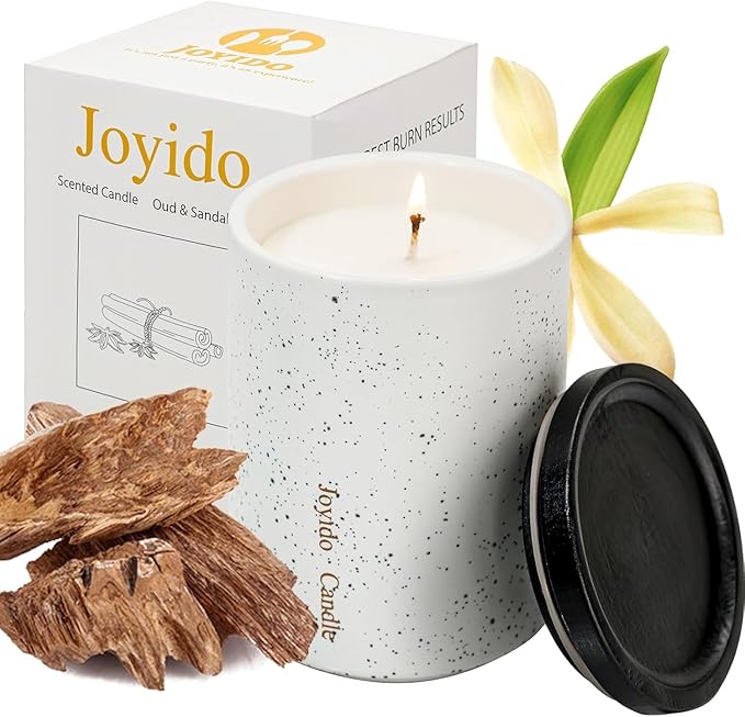 14OZ Oud & Sandalwood Scented Candle - Aromatherapy Candles with Lid - Soy Candles for Home Scented - Luxury Ceramic Jar Candles for Bedroom Kitchen Home Decor, Housewarming Party