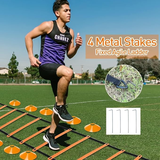 Pro Speed & Agility Training Set—Includes 12 Rung 20ft Adjustable Agility Ladder with Carrying Bag, 12 Disc Cones, 4 Steel Stakes, 1 Resistance Parachute, Use Equipment to Improve Footwork Any Sport