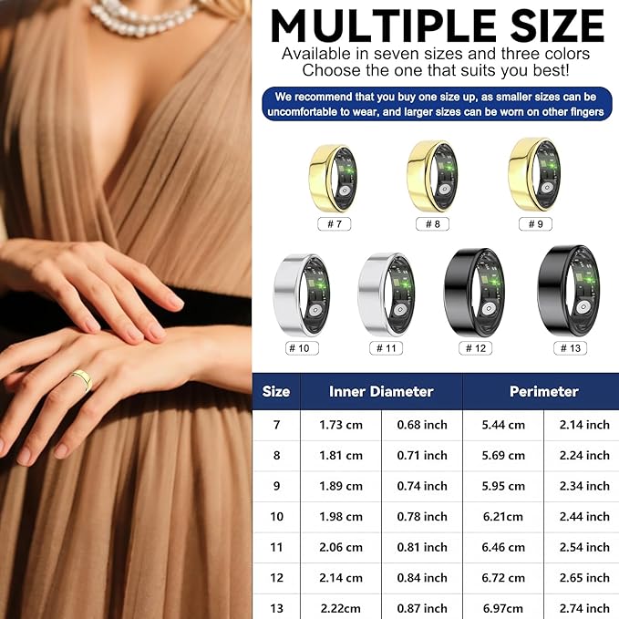 Smart Rings for Women Men,Fitness Tracker Ring,Heart Rate,Blood Oxygen,Blood Pressure,Step Tracker,Sleep Monitoring,No Subscription Fee,IP68 Waterproof Smart Ring for iphone&Android(Gold 10)