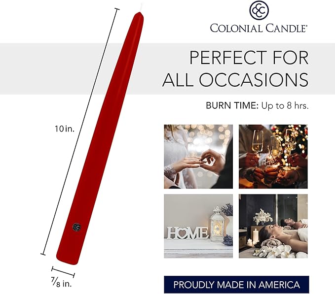 Colonial Candle Unscented Taper Candle, Handipt Collection, Red, 10 in, Pack of 12 - Up to 8 Hours Burn