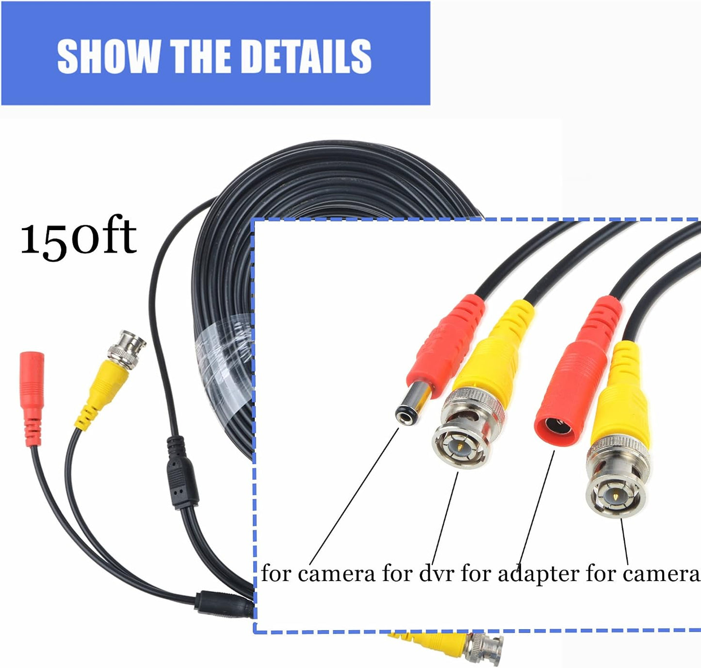 150ft Black Video Power BNC Cable Cord Lead Wires Replacement for Kguard CCTV DVR Security Cameras