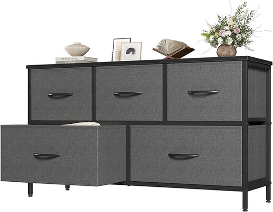 OLIXIS Dresser for Bedroom with 5 Drawers, Wide Chest of Drawers, Fabric Bedroom Dresser with Drawer Organizers, Storage Organizer Unit with Fabric Bins for Closet, Living Room, Hallway,Grey