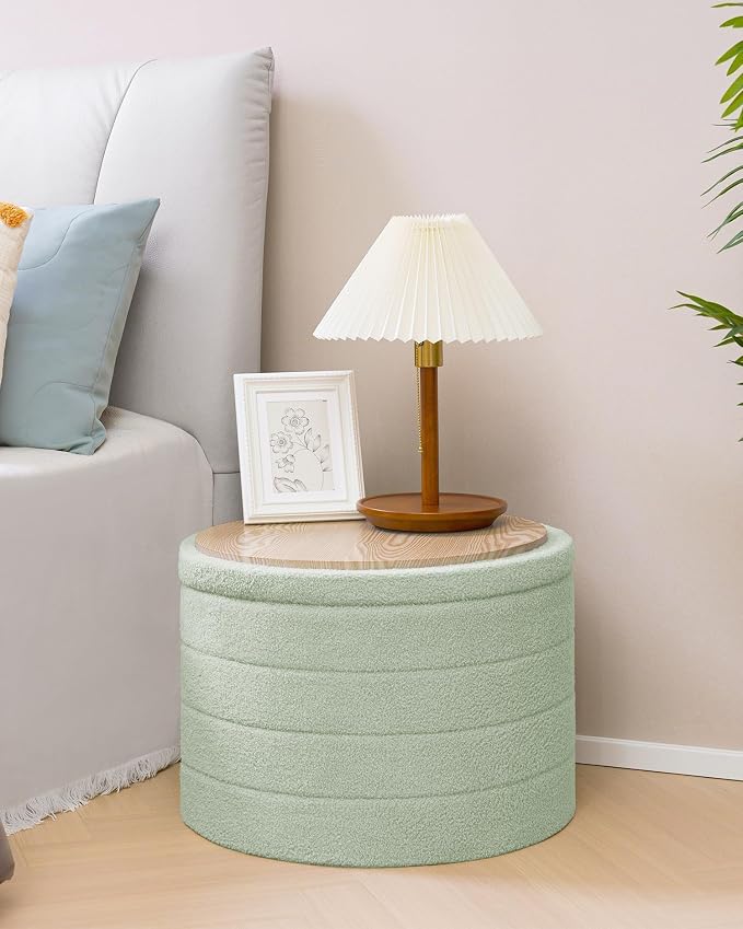 B FSOBEIIALEO Ottoman with Stroage, Round Sherpa Storage Ottoman Stool, Boucle Foot Rest22 x 22"x15.75"（Green