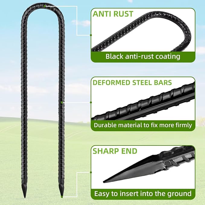 Black Trampoline Stakes Anchors High Wind 16inx10mm Galvanized U Hook 8pcs Rebar Stakes – Heavy Duty Ground Anchors for Trampoline,Yard & Inflatable,Landscape Metal Stakes for Outdoor Decorations